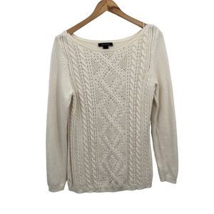 WHBM off white sweater cable stitch metallic beading